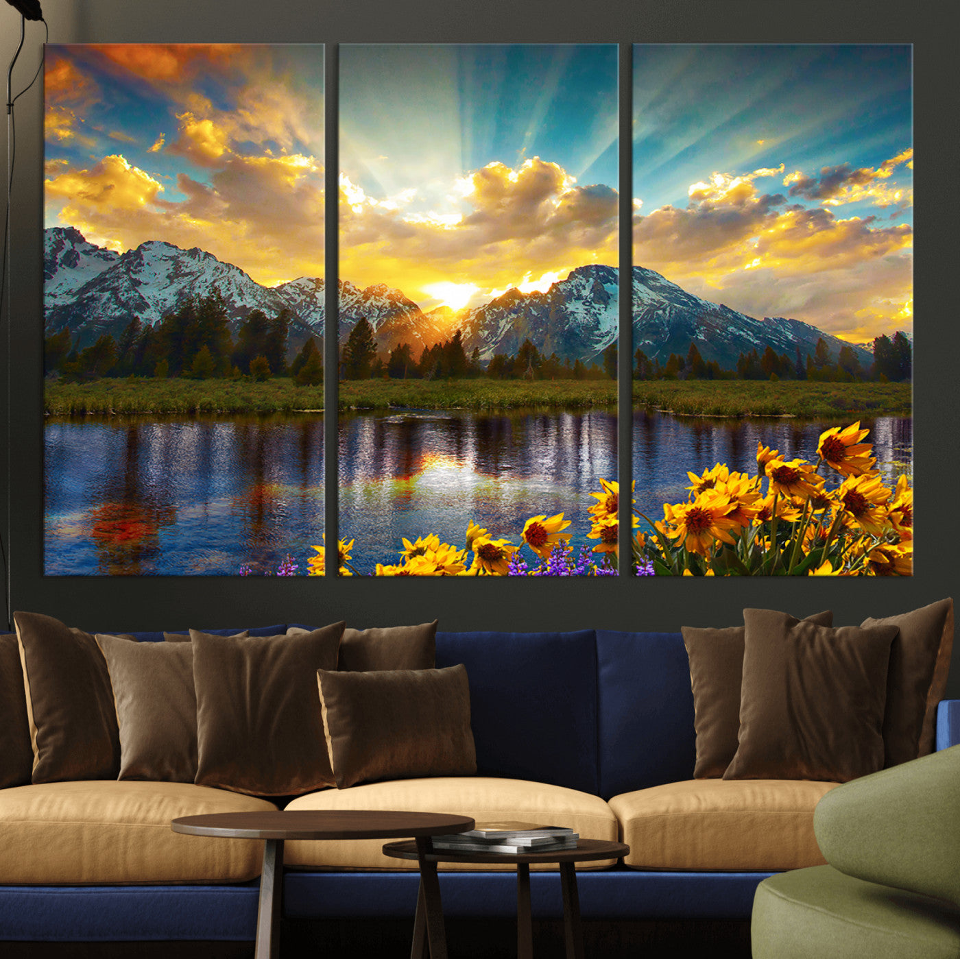 MGV-CV-48X32-3P - Grand Teton Park Amazing Mountain Landscape Sunset Wall Art Canvas Print