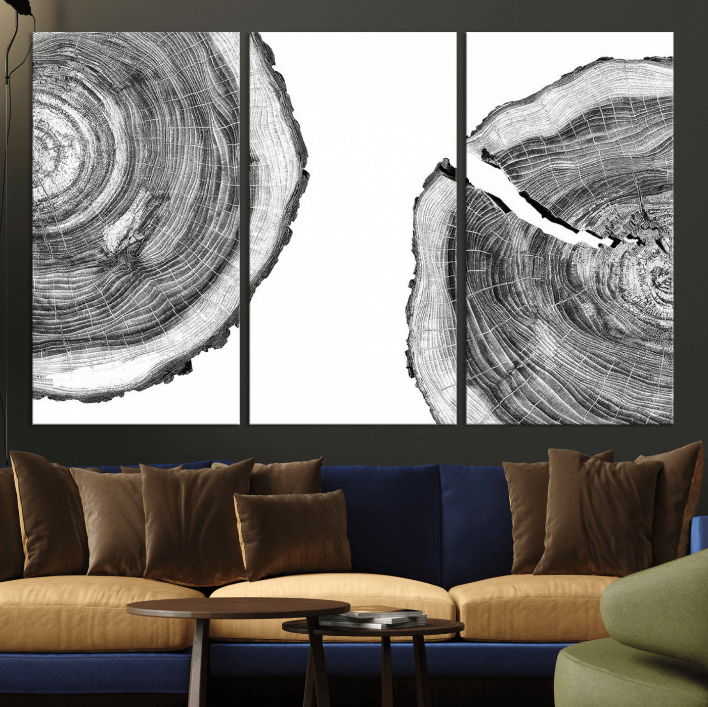MGV-CV-48X32-3P - Abstract Large Tree Rings – Minimalist Black and White Wood Art | Triptych Canvas, Modern Wall Decor