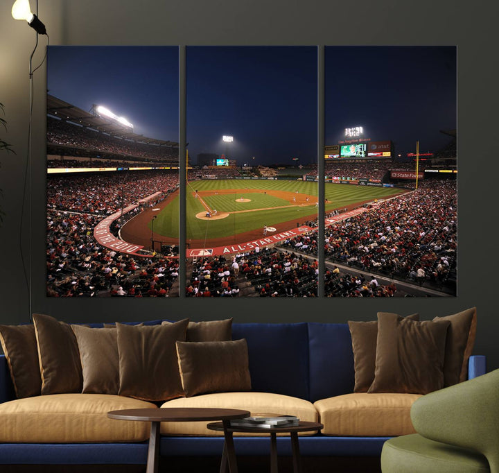 Aerial view of an LA Angels game at night, captured as stunning wall art on premium canvas, handmade in the USA.