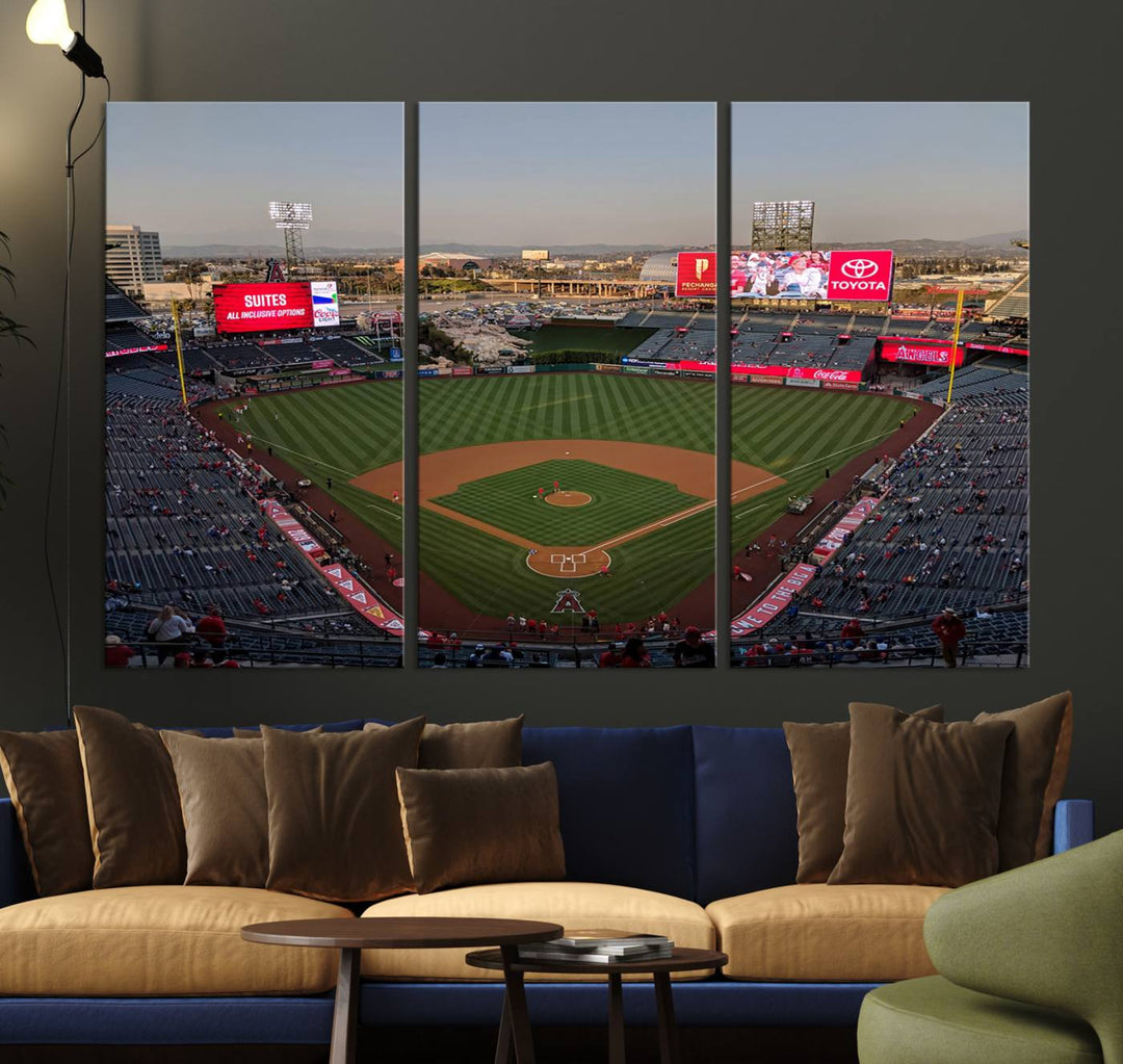 Aerial view of Angel Stadium, perfect as gallery-quality wall art - Los Angeles Angels Canvas Print.