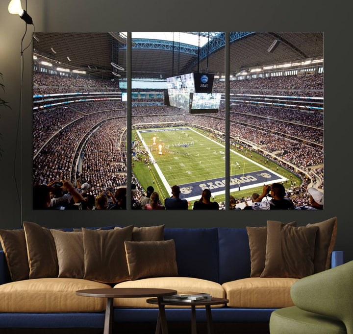 The wall art is a Dallas Cowboys AT&T Stadium Canvas Print, showcasing the iconic logo.