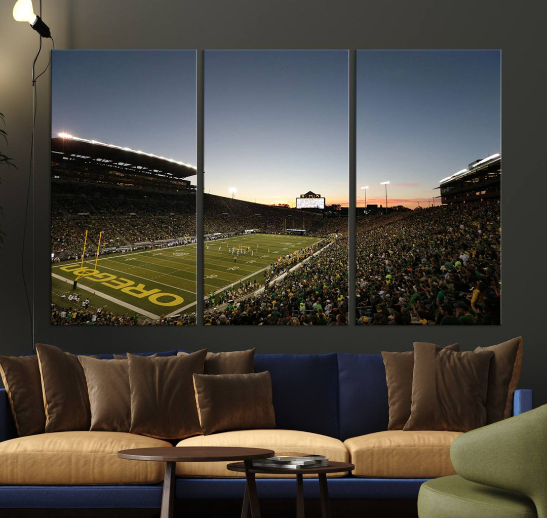 Canvas artwork depicting an Oregon Ducks football game at Autzen Stadium, capturing a sunset and packed stands.