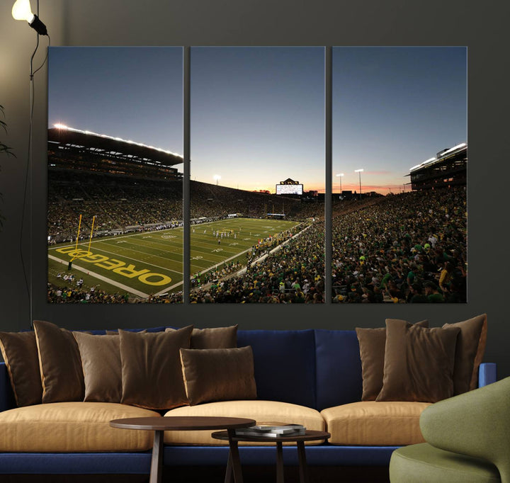 Canvas artwork depicting an Oregon Ducks football game at Autzen Stadium, capturing a sunset and packed stands.