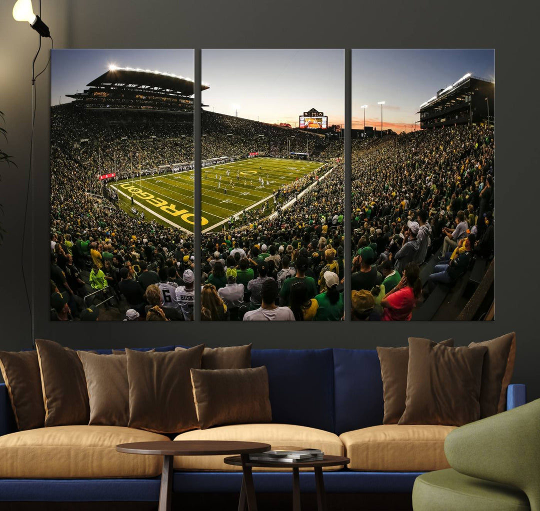 Autzen Stadium Evening Game Triple Canvas Wall Art - Oregon Ducks Football Match