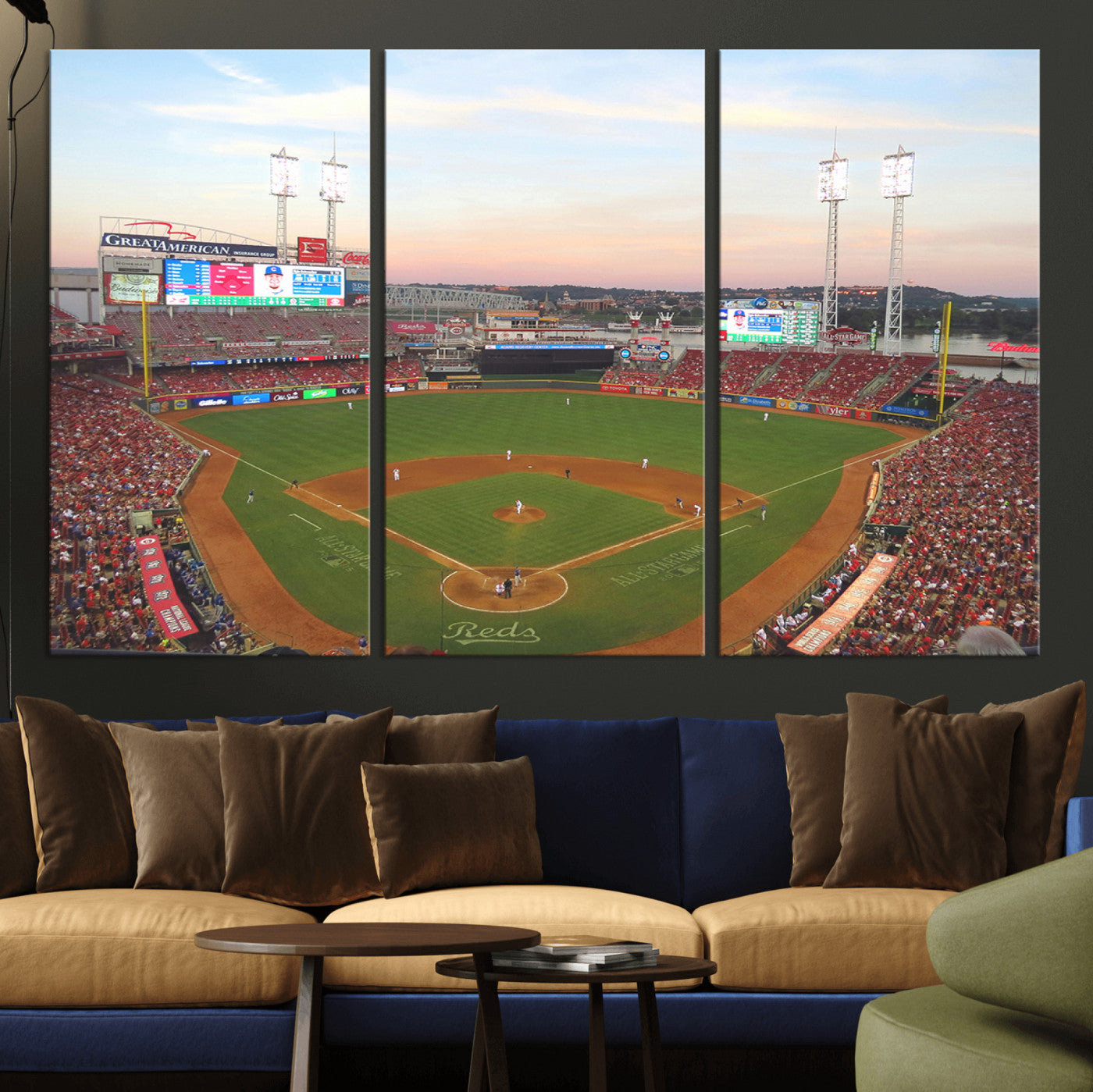 20257-MGV-CV-36X24-Cincinnati Reds Baseball Print Canvas- Cincinnati Great American Ball Park Stadium Wall Art Canvas