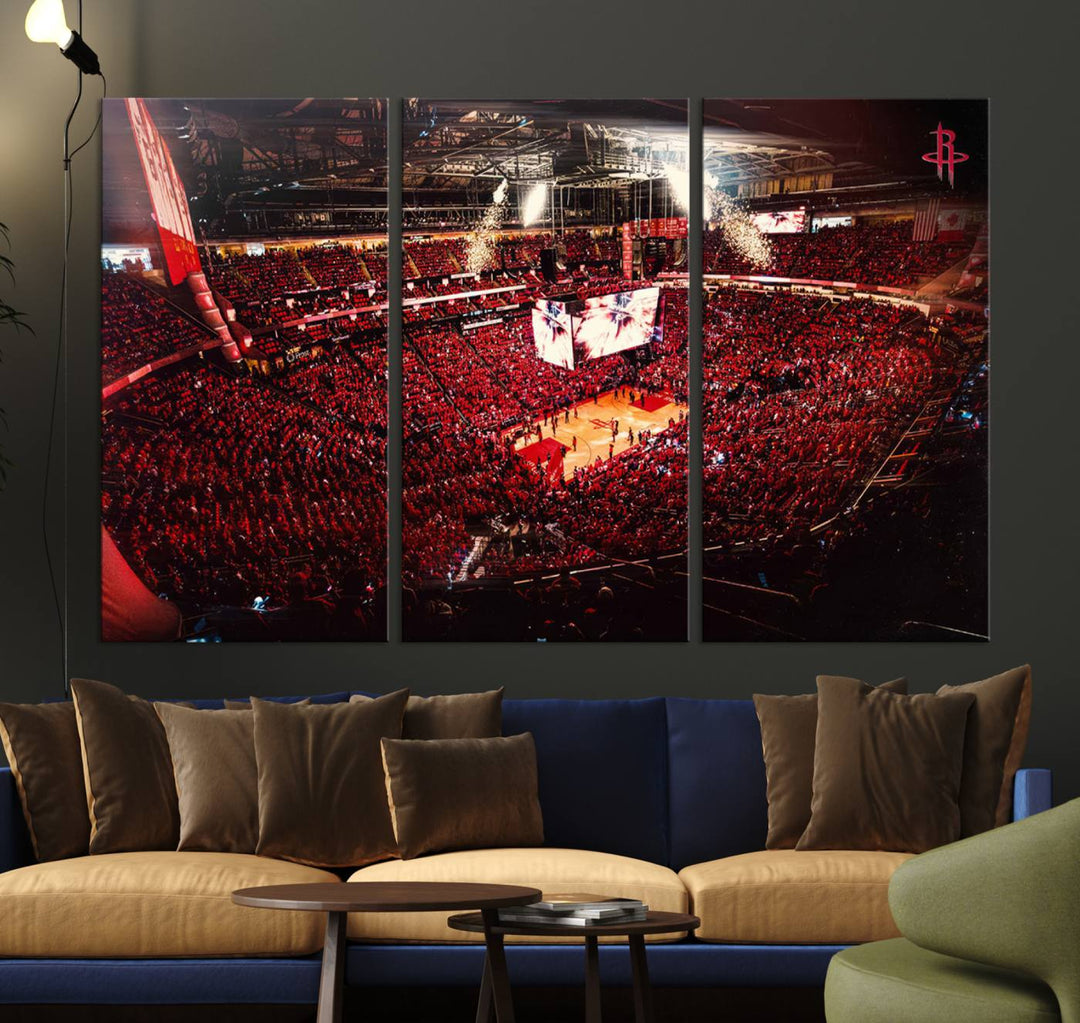 A crowded basketball arena with red lighting hosts a Houston Rockets game.