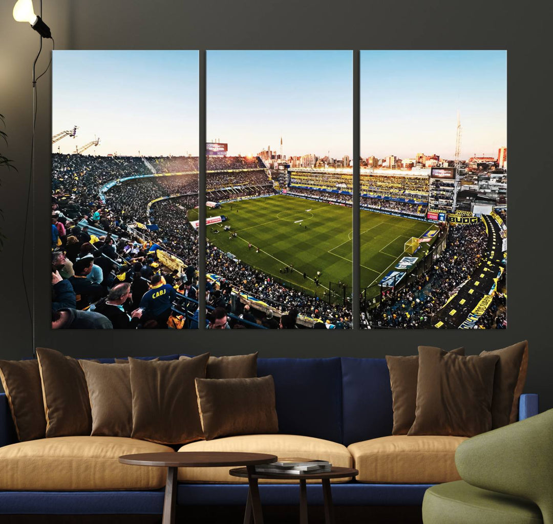 The wall art canvas print vividly captures the dynamic soccer culture at Bombonera Stadium with its vibrant depiction.