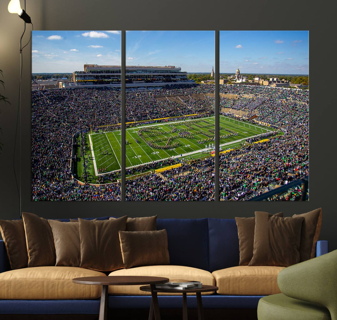 Aerial shot of packed stadium on green; Notre Dame Fighting Irish Stadium Wall Art Canvas Print.