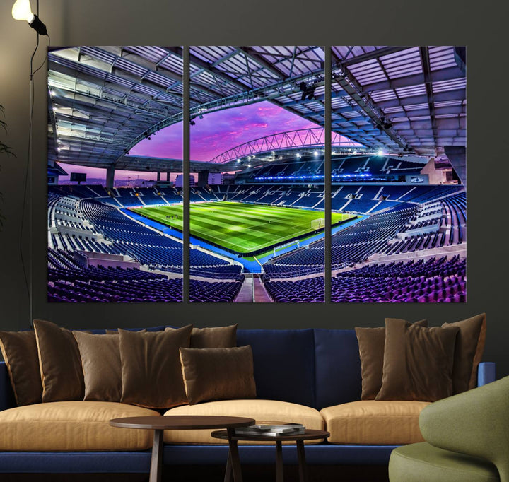 The FC Porto Soccer Team Dragon Stadium Wall Art Canvas Print decorates the room.