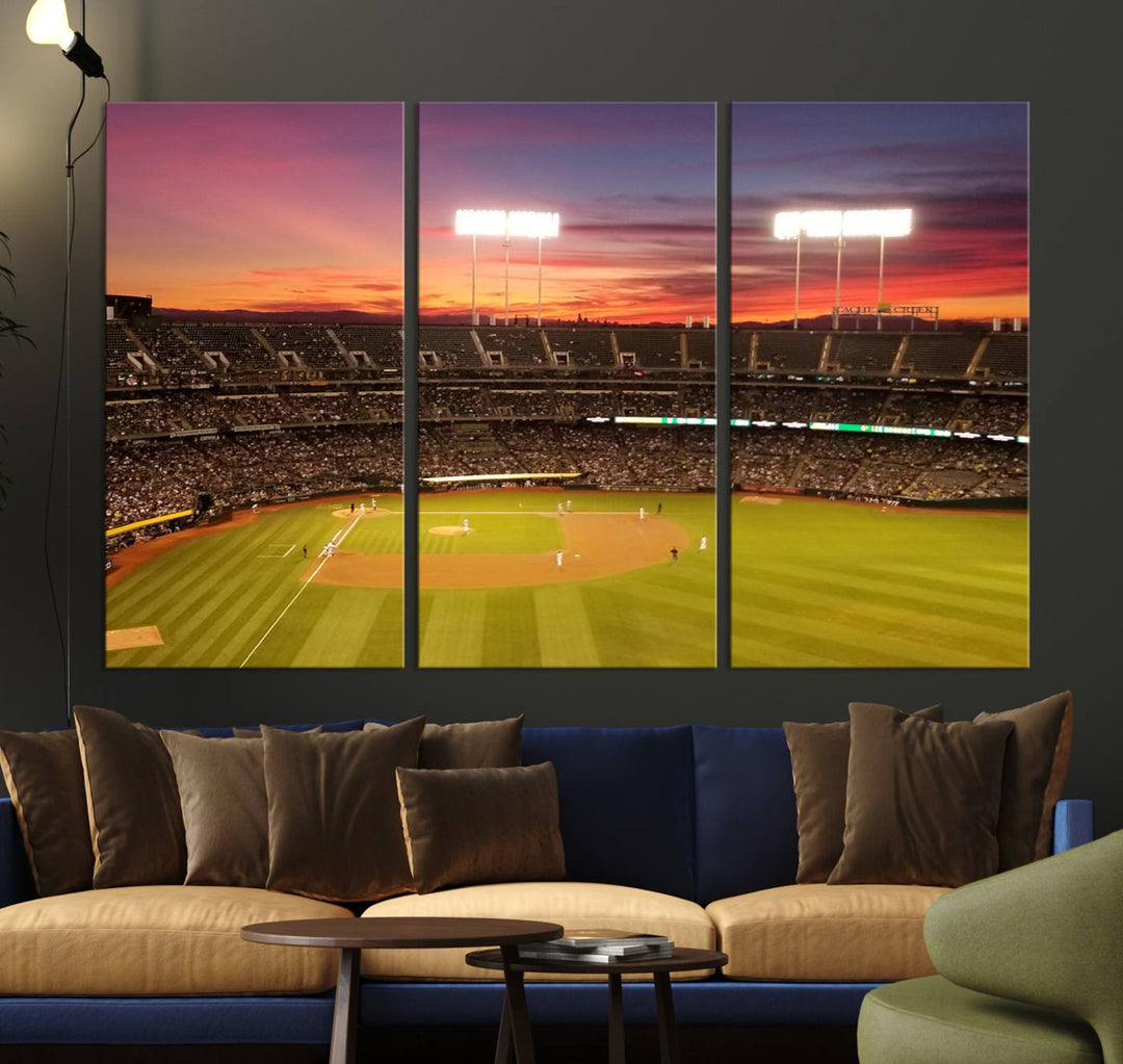 The Oakland Coliseum print is a museum-quality canvas depicting a full crowd and a sunset.