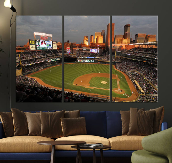 Baseball at Target Field, sunset game, city skyline view.