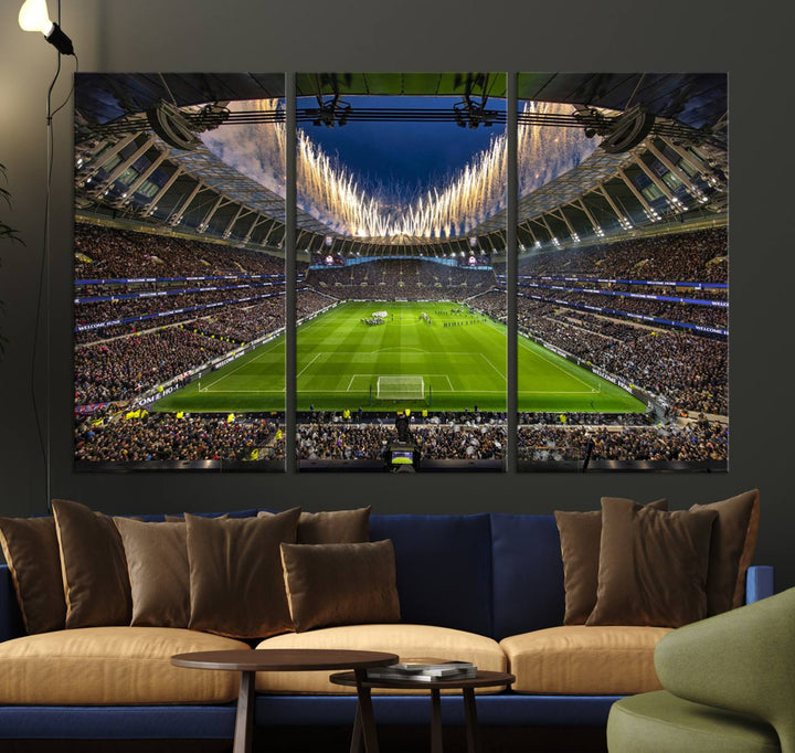 A stunning Tottenham Hotspur Stadium wall art captures the energy of a stadium packed with fans and vibrant lights.