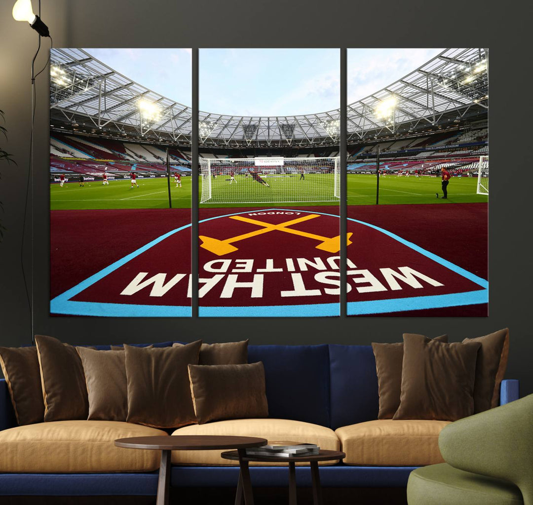 A soccer stadium with the West Ham United FC logo.