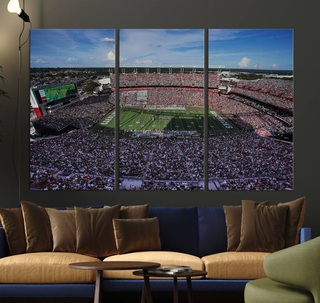 The wall art is a South Carolina Gamecocks print, showcasing Williams-Brice Stadium from a distance under clear skies.