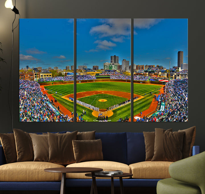 Wrigley Field Chicago Cubs Panoramic 3-Piece Canvas Wall Art - Iconic Baseball Stadium Print for Sports Lovers - Ready to Hang