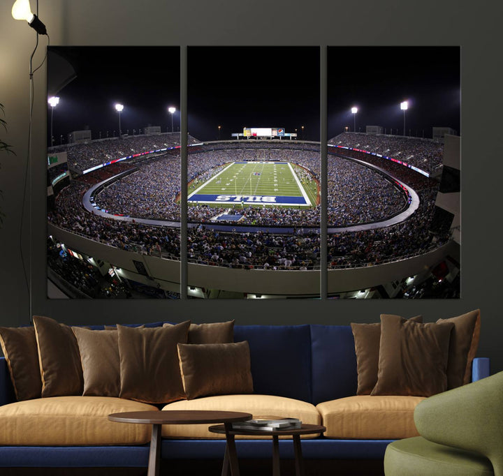 The Buffalo Bills NFL Highmark Stadium at night print captures the bright lights, conveying an exhilarating atmosphere.