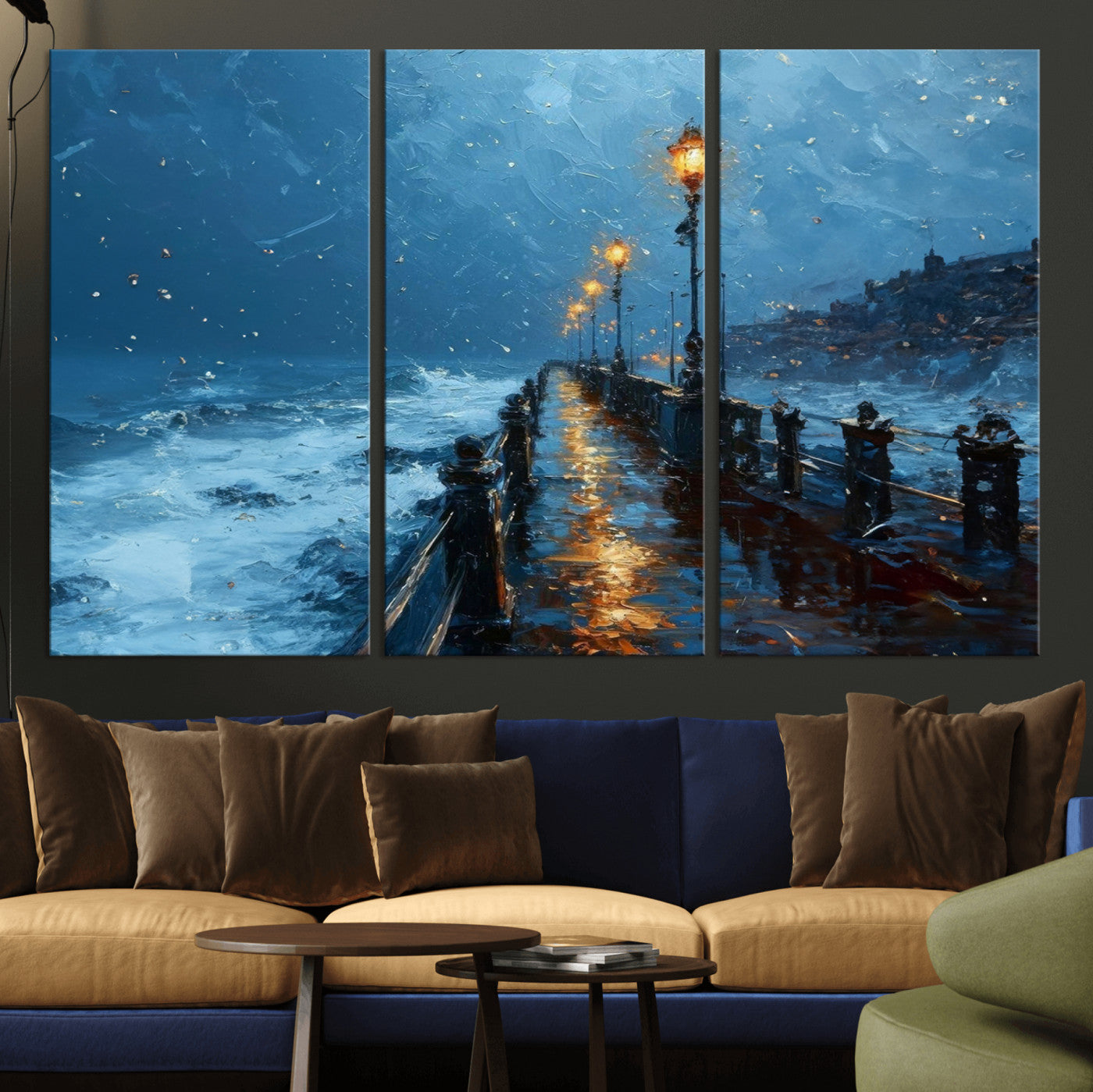 MGV-CV-48X32-3P - Stormy Night at Beach Pier Oil Painting Large Wall Art Print, Framed Canvas Nature Wall Decor,