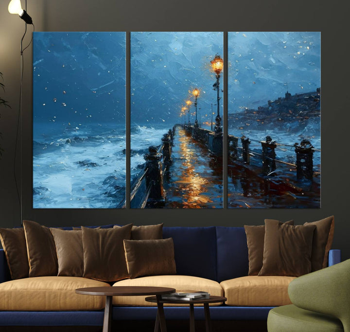 Framed 3-Panel Seaside Night Pier Oil Painting Canvas Wall Art | Ready to Hang Coastal Landscape Art for Modern Living Room, Office, or Bedroom Decor