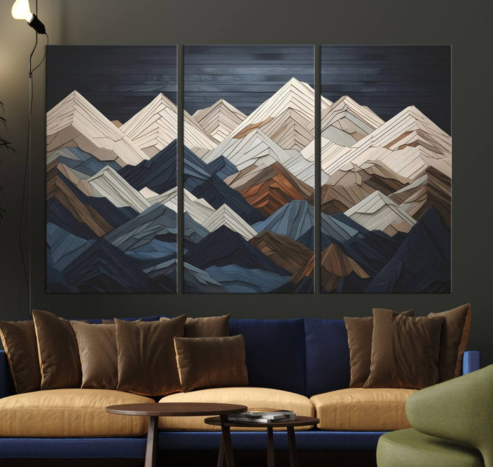 Wood Mountain Range Wall Art - Ready to Hang 3-Piece Set for Modern Rustic Decor, Abstract Wooden Design for Living Rooms Offices