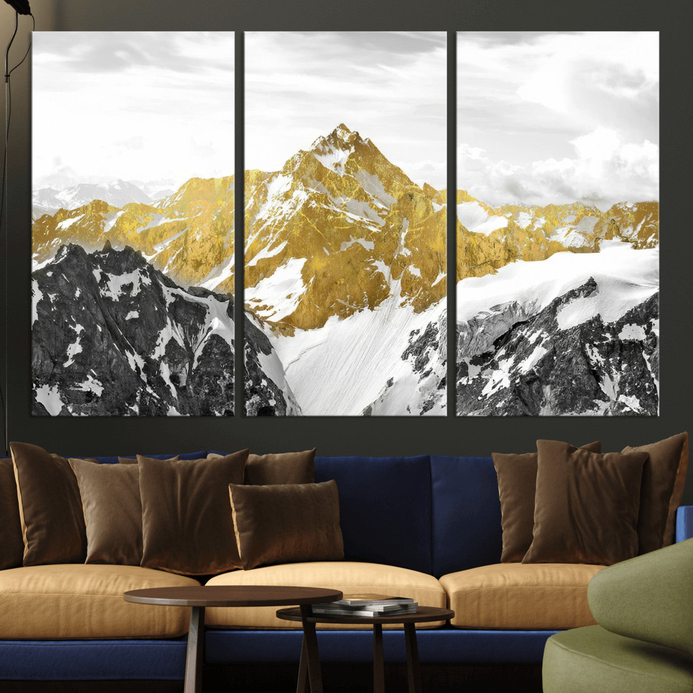 MGV-CV-48X32-3P - Gold Abstract Mountains Wall Art Print on Canvas, Nature Wall Art Print,