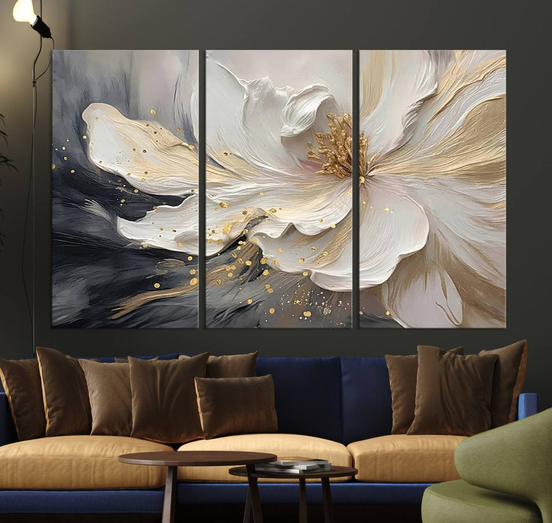 The abstract floral wall art canvas print features a large flower with gold accents.