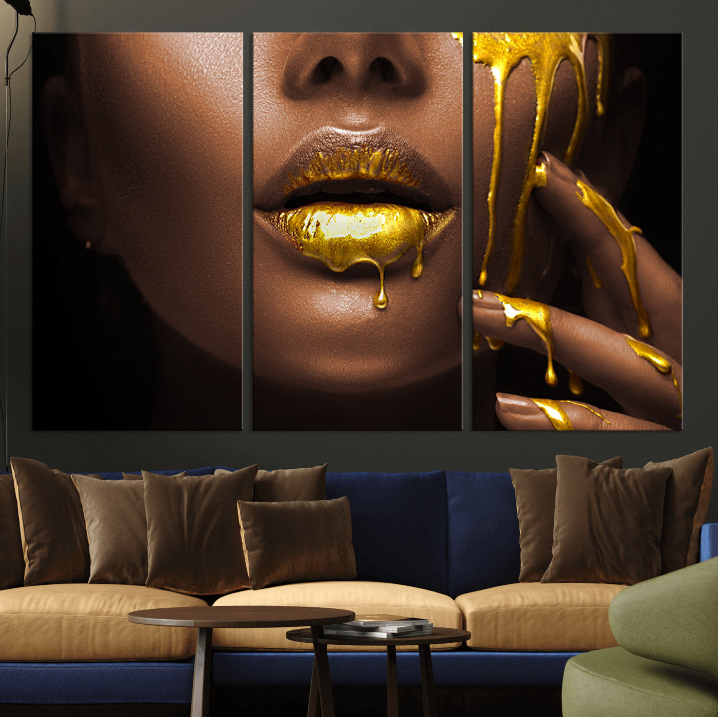 MGV-CV-48X32-3P - African American Art Black Woman Canvas Print, African Wall Art, Fashion African Woman Gold Lips