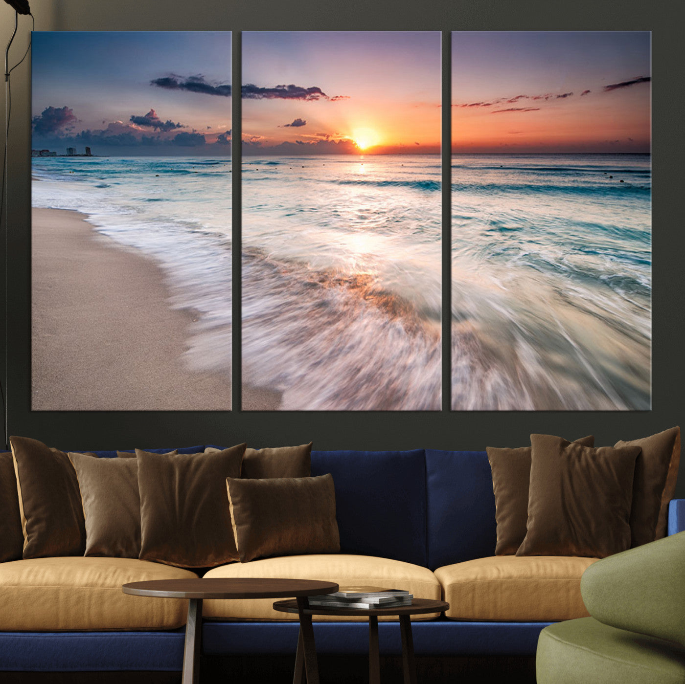 MGV-CV-48X32-3P - Sunset Beach Wall Art – Soothing Coastal Landscape, Ready to Hang for Tranquil Home Decor