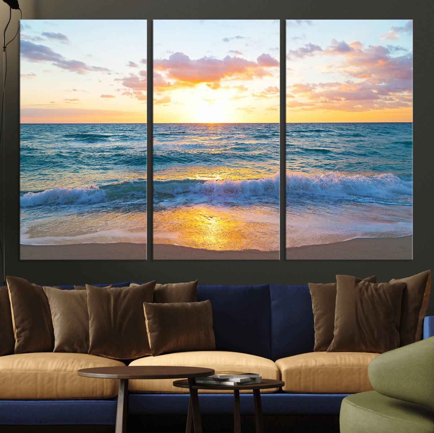 MGV-CV-48X32-3P - Golden Sunset Over Ocean Waves - Serene Coastal Triptych Wall Art for Relaxing Home Decor, Ready to