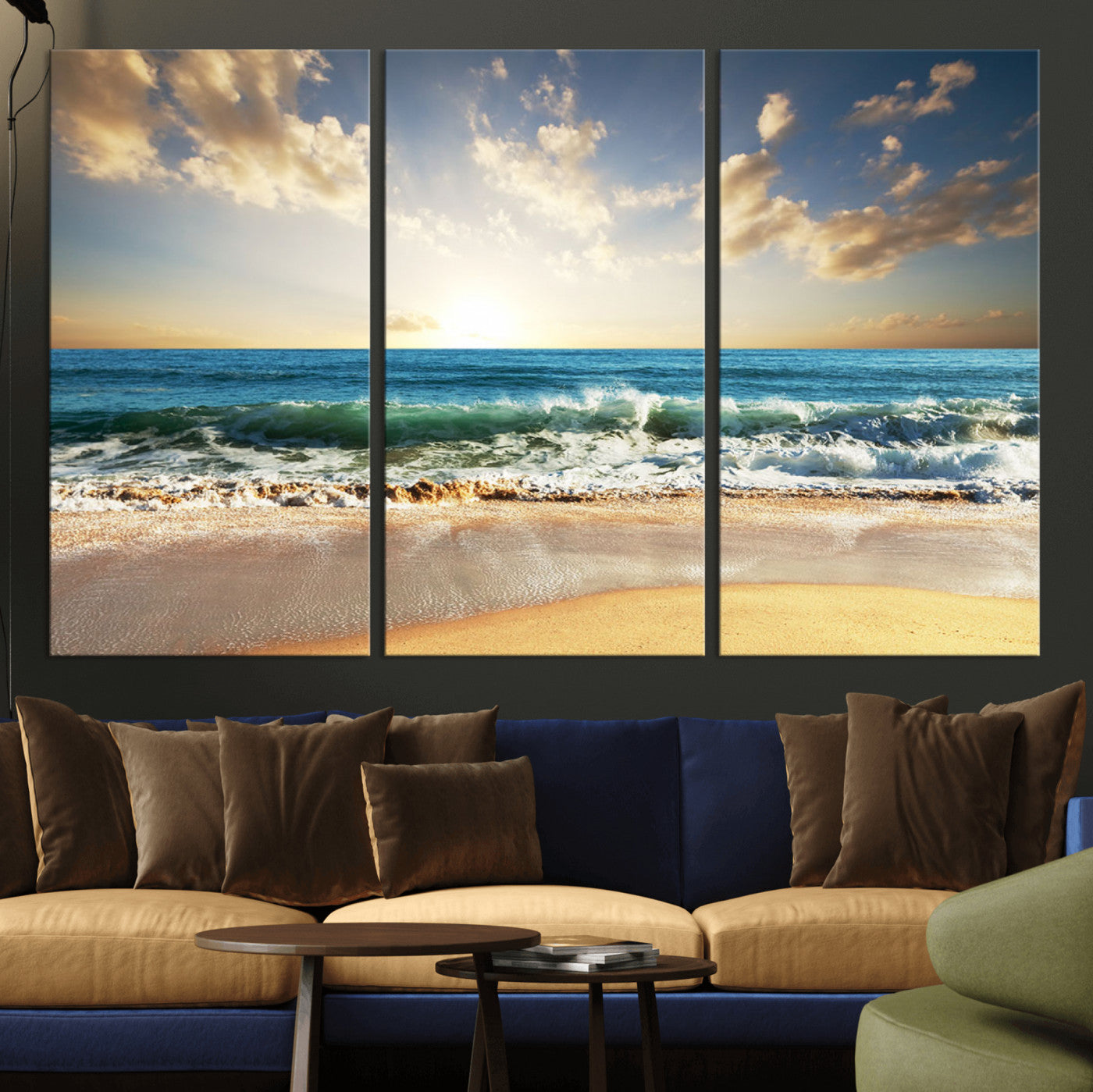 MGV-CV-48X32-3P - Golden Sunset Beach Triptych Canvas Wall Art for Living Room – 3-Panel Ocean View, Framed & Ready to