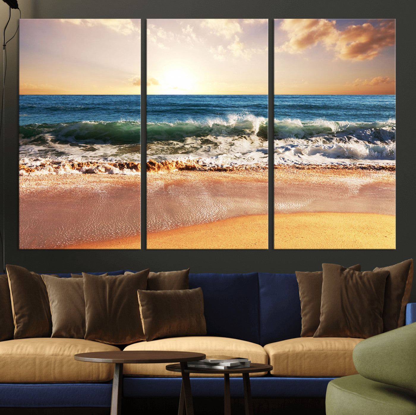 42011-MGV-CV-36X24-Sunset Beach Wall Art - 3-Panel Framed Canvas Print, Ready to Hang Ocean Sunset for Coastal and