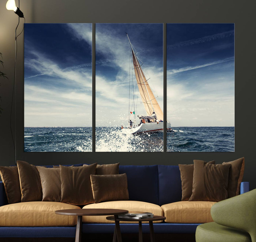 Sailboat Ocean Beach Blue Sky Wall Art Canvas Print