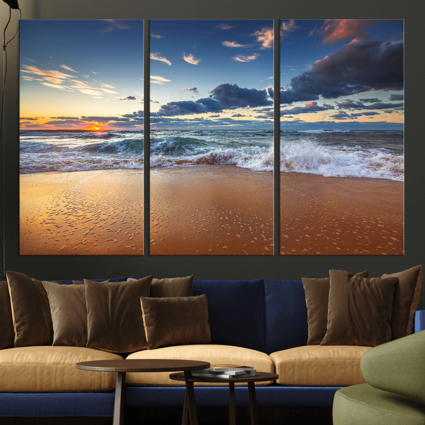 MGV-CV-48X32-3P - Beach Canvas Wall Art - Coastal Seascape Print for Living Room or Bedroom, Ocean Waves on Sand,