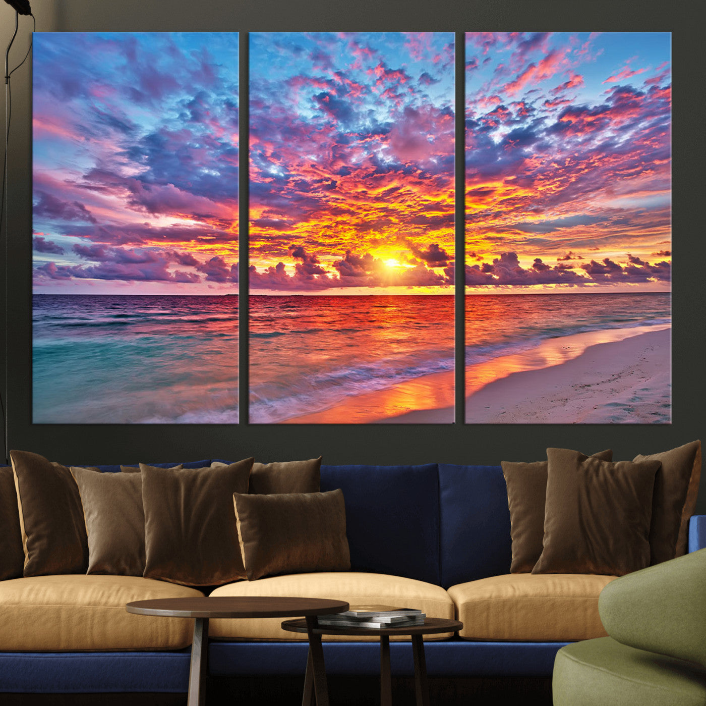 MGV-CV-48X32-3P - Vibrant Sunset Beach Wall Art - Ocean Sunset Canvas Print | Coastal Wall Art Decor Stunning Sunset