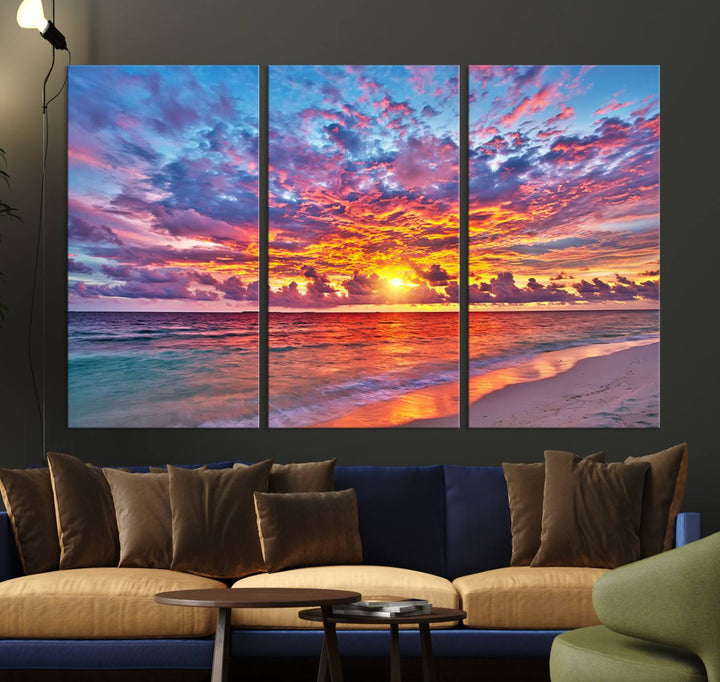 Vibrant Sunset Beach Wall Art | Ocean Sunset Canvas Print | Coastal Wall Art Decor | Ready to Hang | Stunning Sunset Scene for Home or Office Decor