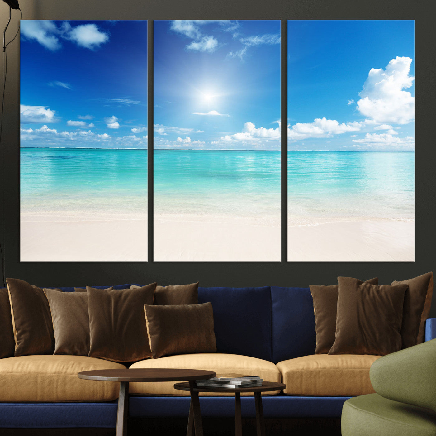 MGV-CV-48X32-3P - Blue Ocean Wall Art Canvas Print - Tranquil Ocean Paradise Triptych Wall Art - Ready to Hang Beach