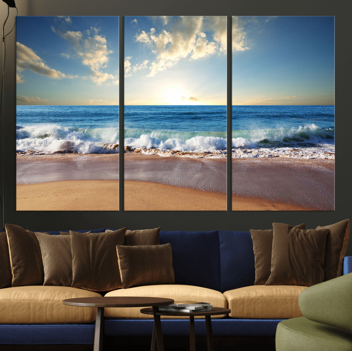 MGV-CV-48X32-3P - Serene Ocean Sunset Canvas Wall Art - Beach Waves at Sunset, Ready to Hang