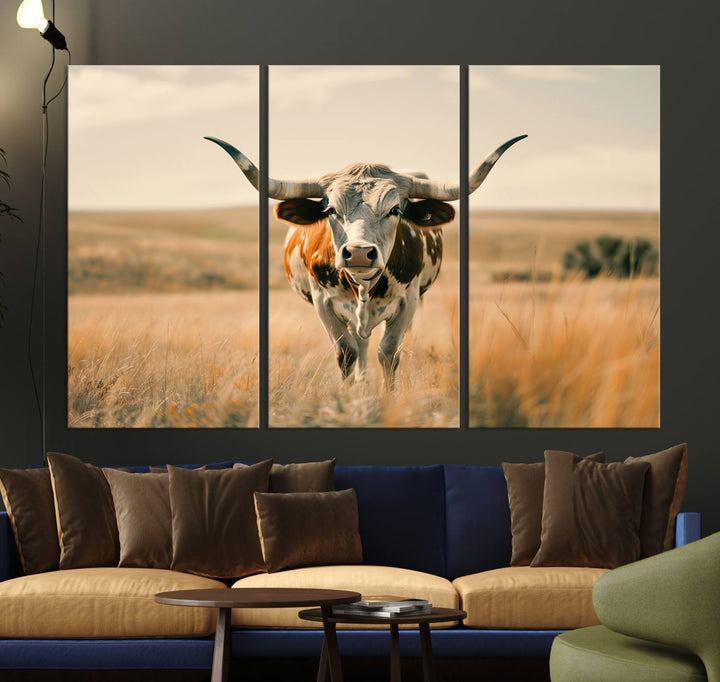 The Texas Cow Longhorn Wall Art Canvas adds rustic charm to the decor.