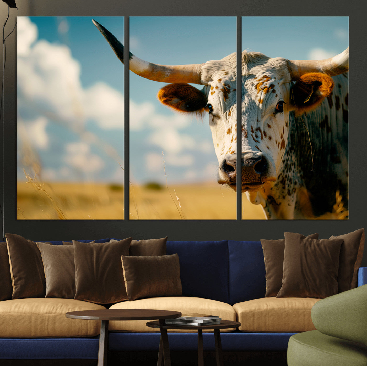 MGV-CV-48X32-3P - Longhorn in the Prairie - Stunning Ranch-Style Triptych Wall Art for Western Home Decor, Cowboy Wall