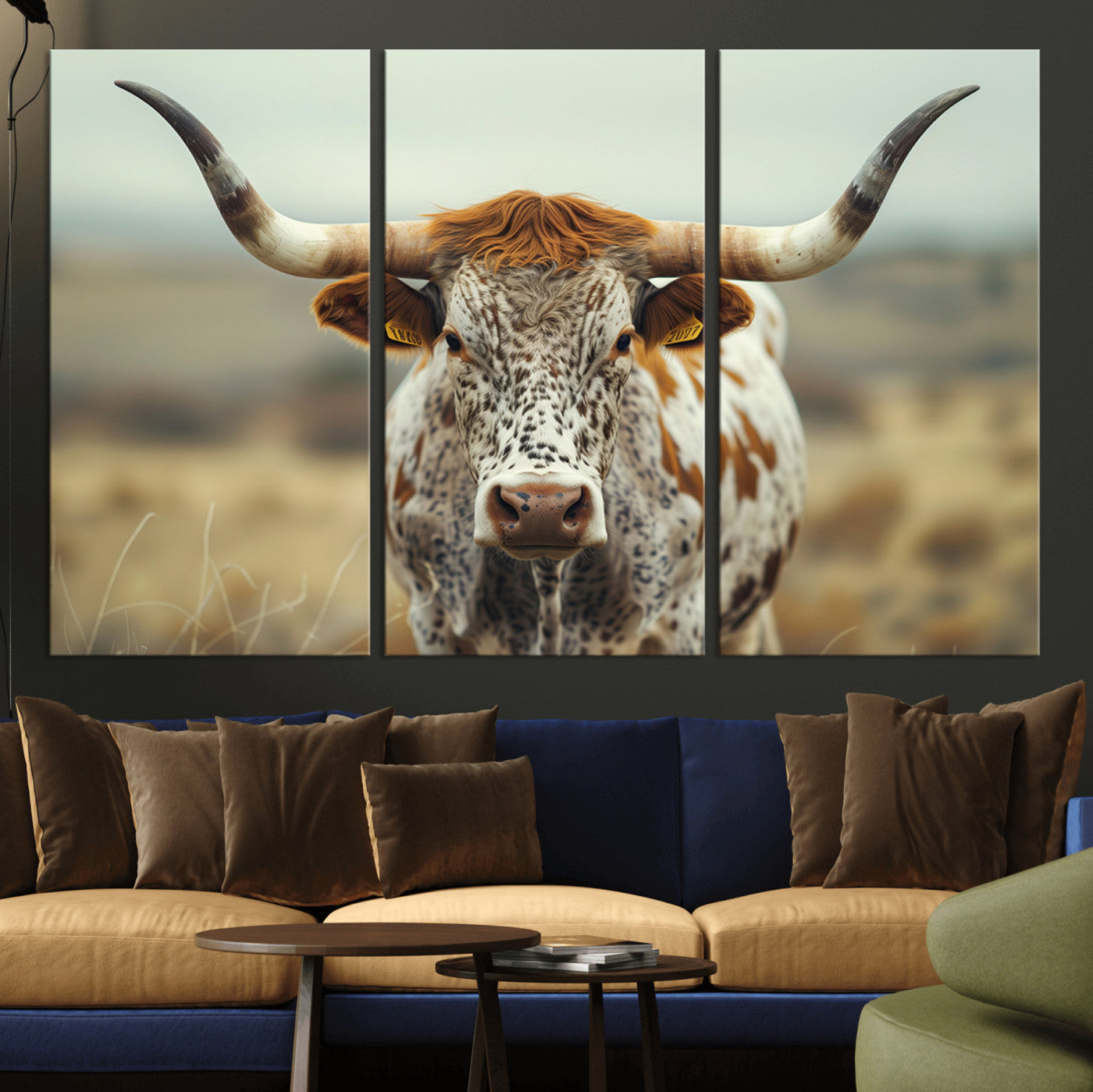 MGV-CV-48X32-3P - Texas Cow Longhorn Wall Art Canvas Print for Farm House Wall Decor, Farmhouse Wall Art Print