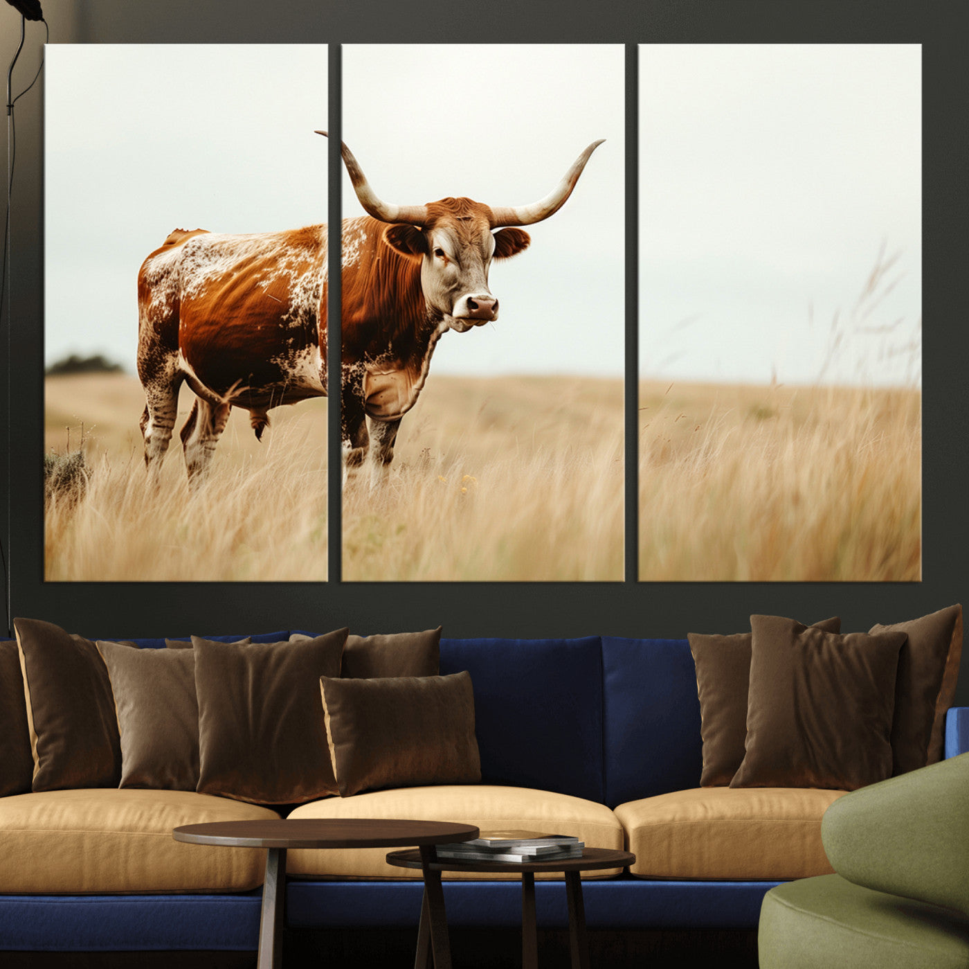 MGV-CV-48X32-3P - Texas Longhorn Canvas Wall Art Print – Majestic Western Cattle in Rustic Farmhouse Decor – Cow Wall