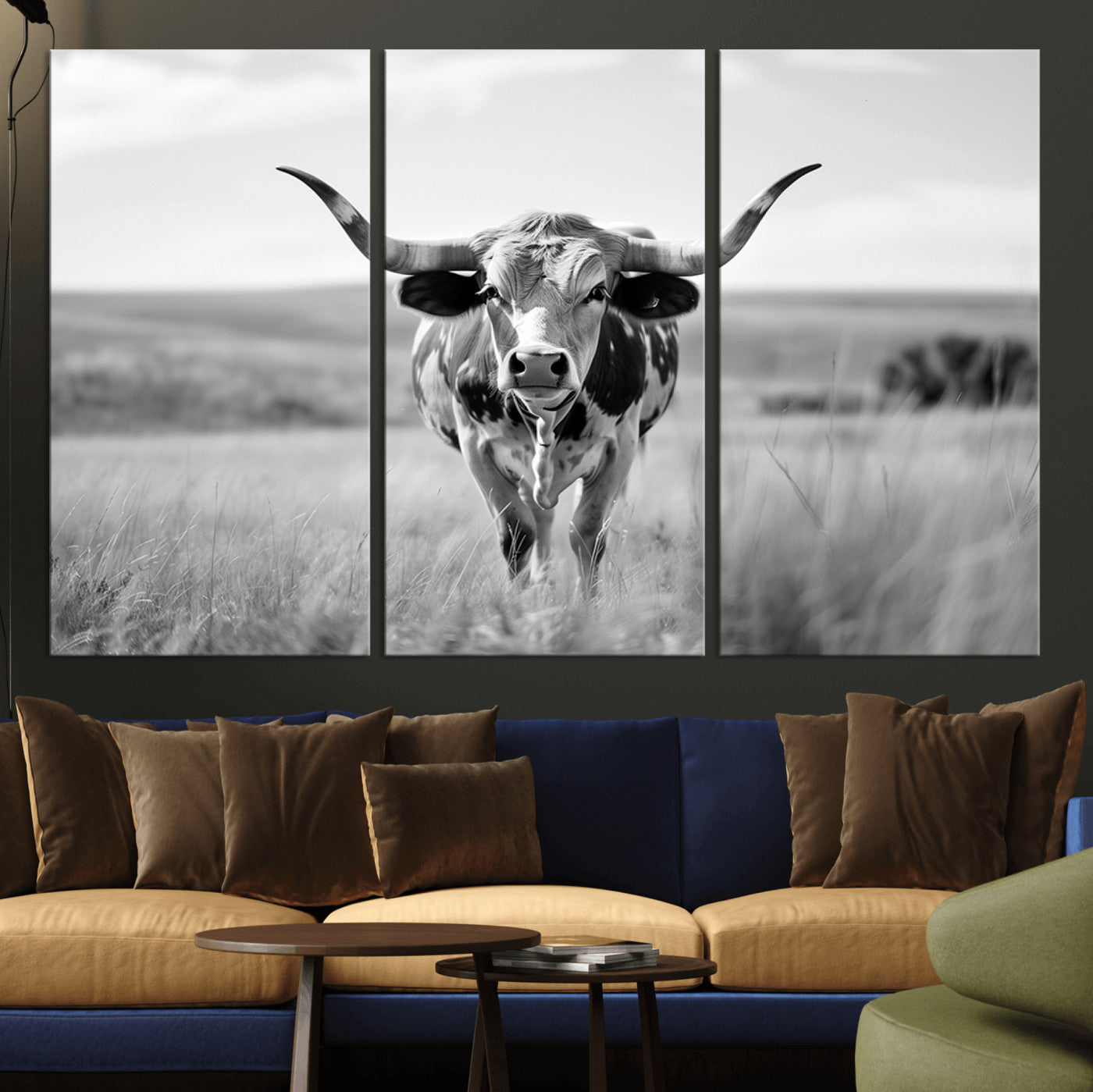 MGV-CV-48X32-3P - Texas Cow Longhorn Wall Art Canvas Print for Farm House Wall Decor, Farmhouse Wall Art Print