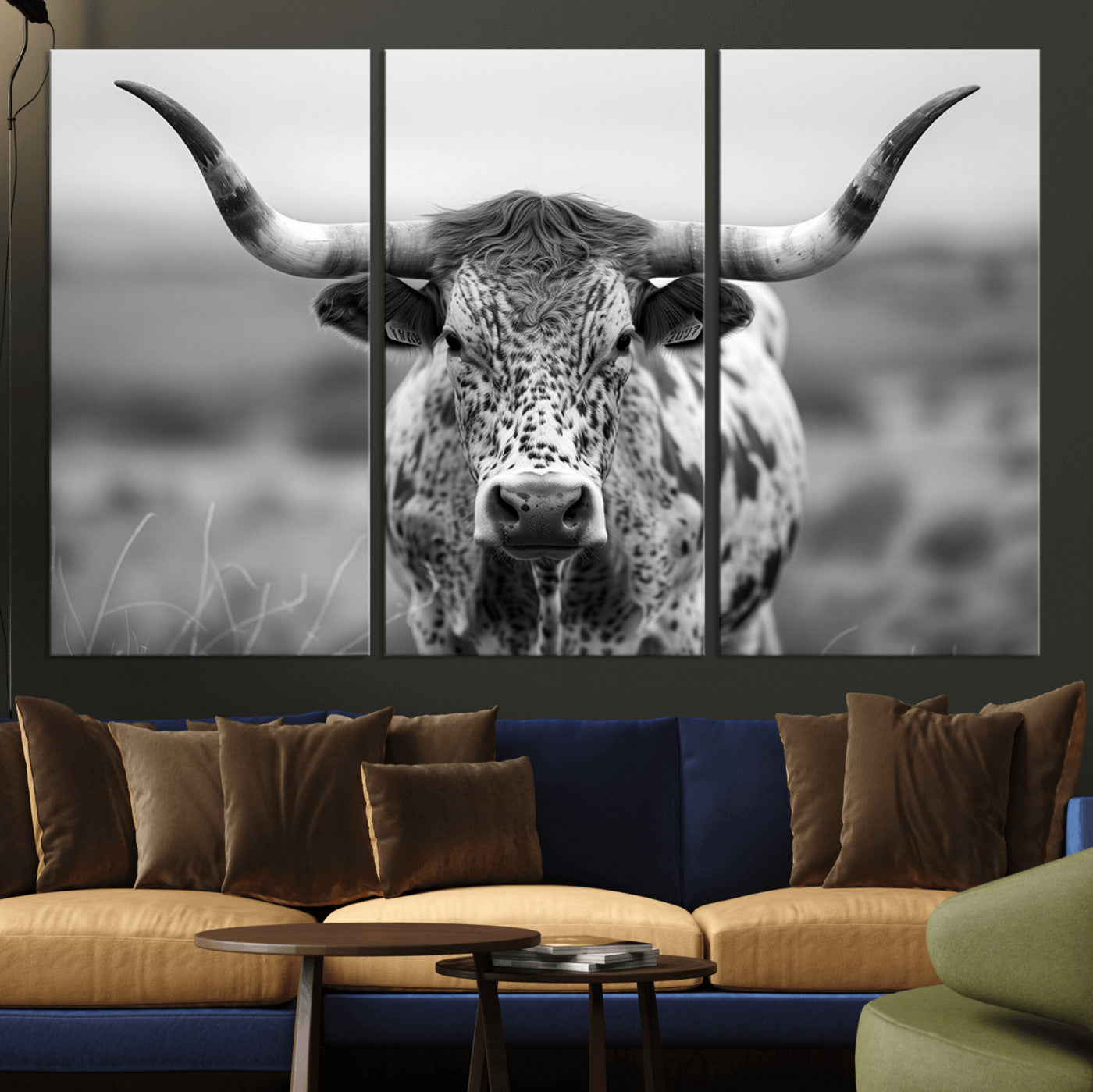 MGV-CV-48X32-3P - Texas Cow Longhorn Wall Art Canvas Print for Farm House Wall Decor, Farmhouse Wall Art Print