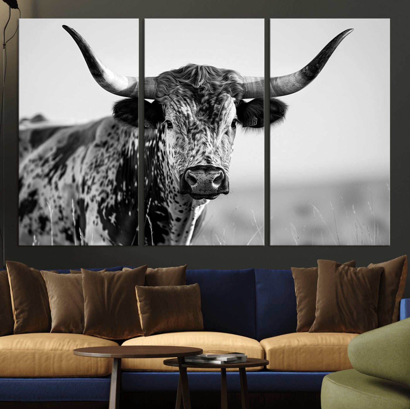 MGV-CV-48X32-3P - Texas Highland Cow Longhorn Canvas Print - Rustic Farmhouse Wall Art - Large Texas Longhorn