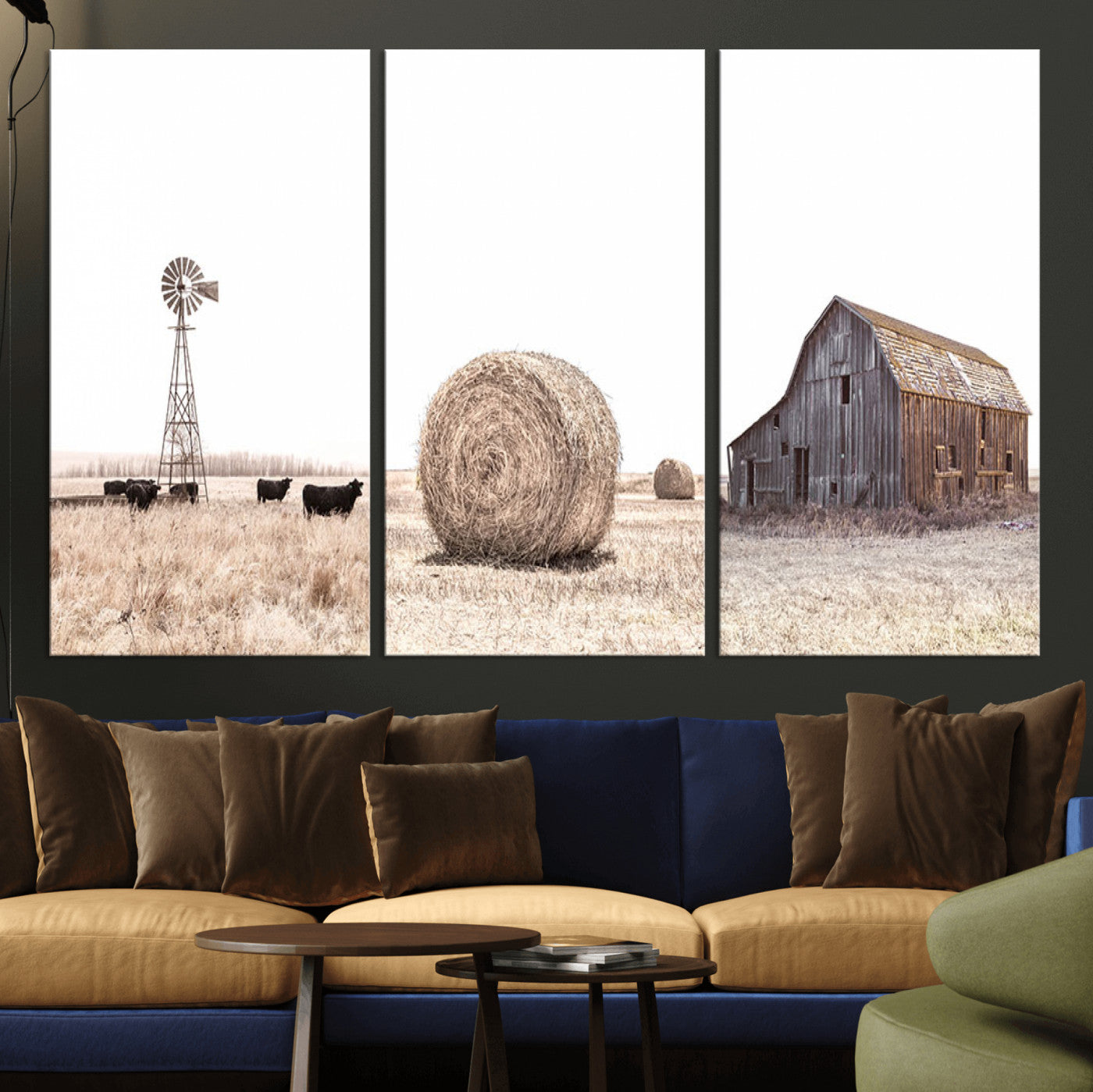 MGV-CV-48X32-3P - Rustic Farmhouse Wall Art Set of 3 – Country Barn and Wheat Field | Farm Prints for Country Home and