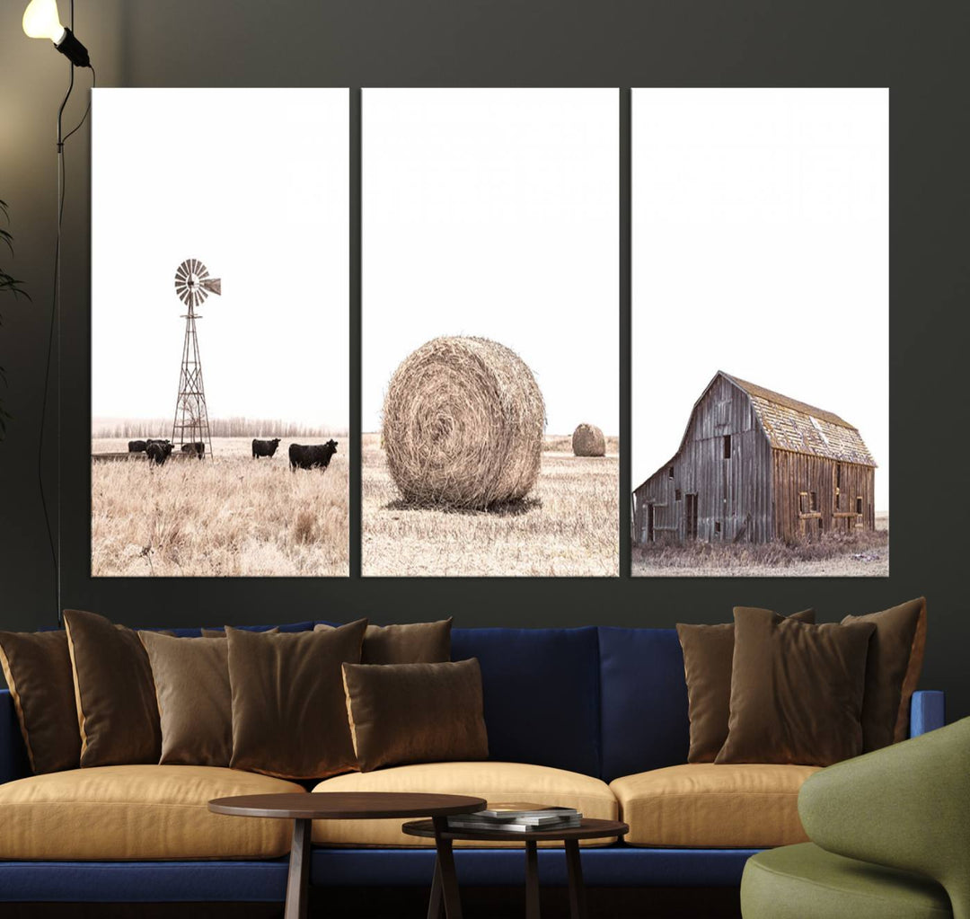 Above the couch, a Rustic Farmhouse Wall Art set depicts a barn and wheat field.