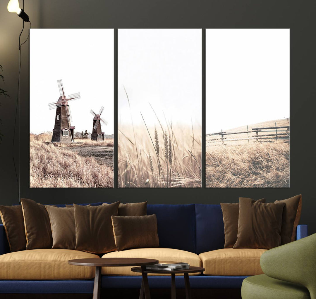 Farmhouse wall art set: 3 giclee canvas prints featuring windmills and wheat fields.