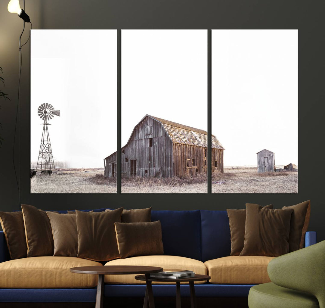 The Set of 3 Rustic Farmhouse Wall Art Prints features a barn, wheat field, and landscape.