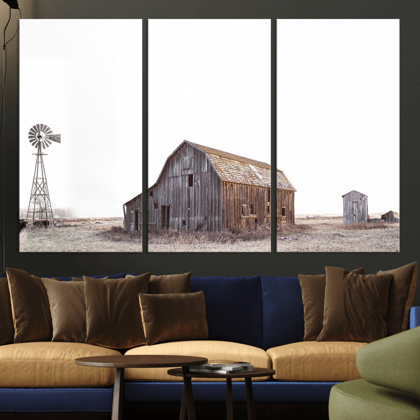 64560-MGV-CV-36X24-Set of 3 Rustic Farmhouse Wall Art Prints – Country Barn, Wheat Field, and Farm Landscape for Cozy