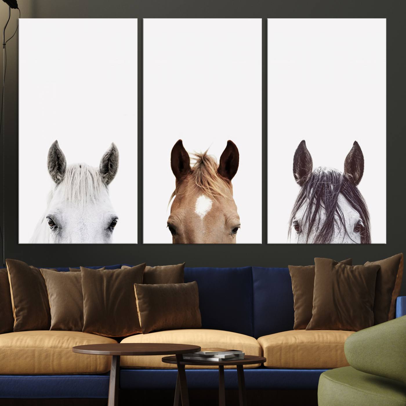 59160-MGV-CV-60X30-3P-Horse Prints Set, Set of 3 Horse Wall Art, Horses Portraits, Farmhouse Wall Art, Farm Animals Canvas, Animals Portraits Set, Horse Poster