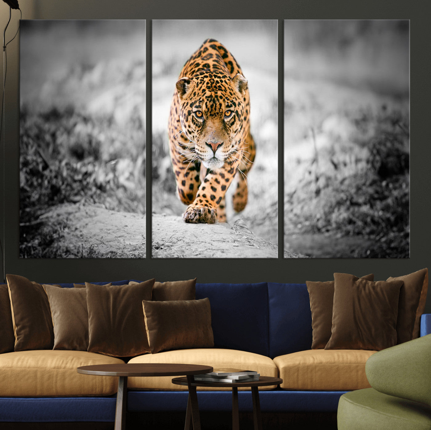 MGV-CV-48X32-3P - Jaguar Wall Art Canvas Print - Majestic Big Cat in Focused Pursuit - Ready to Hang